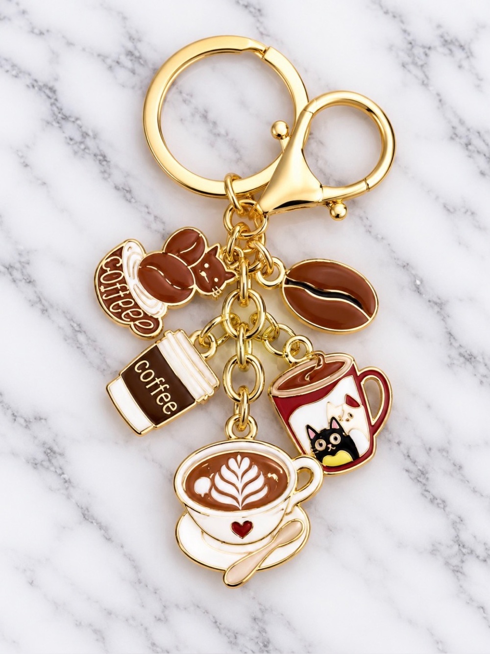 Gold-Tone Coffee Charm Keychain - White & Brown Coffee Cup Charms